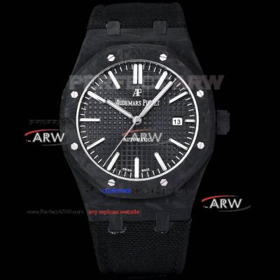 Swiss Replica Audemars Piguet Royal Oak Black Carbon Fiber Black Velcro Strap Watch
